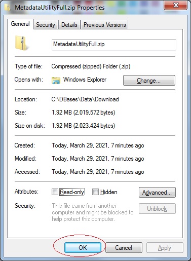 Metadata Utility – Download - Properties - Unlock - Apply - Ok