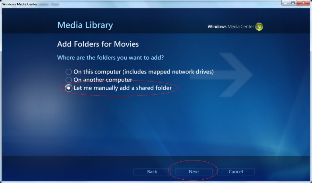 Windows Media Center - Settings - Media Library - Movies - Add Folders to the Library - Manually Choose