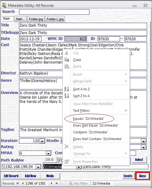 Metadata Utility – Main - Advanced - Filters