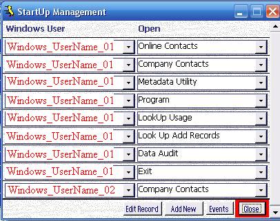 Metadata Utility – Maintenance Switchboard - User Management Switchboard - StartUp Management